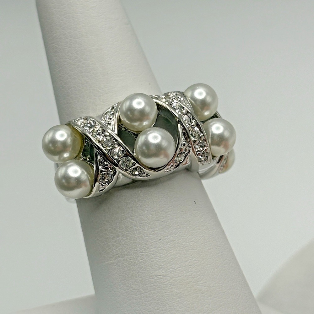 Rhodium Plated Cocktail Ring Faux Pearls 6.5 Rhinestones Gift NWOT Camille Lucie